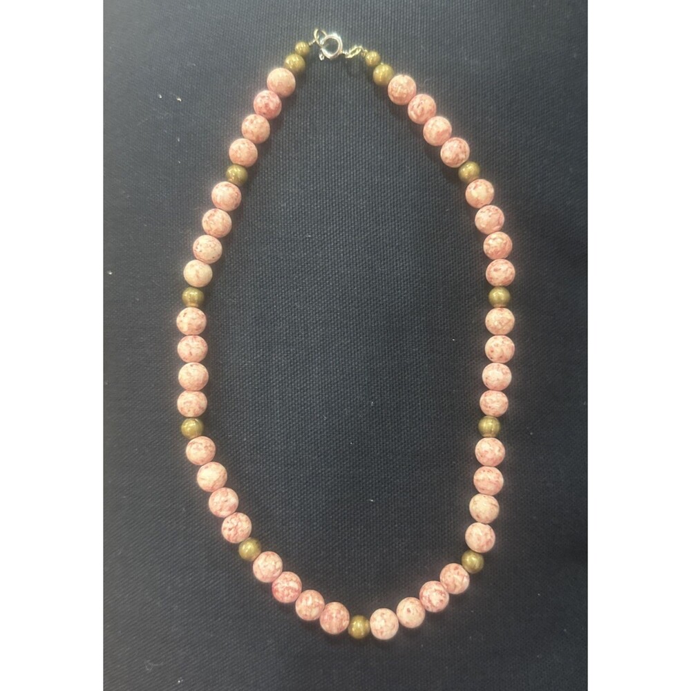 Vintage Red Creek Jasper Bead Necklace With Brass Beads